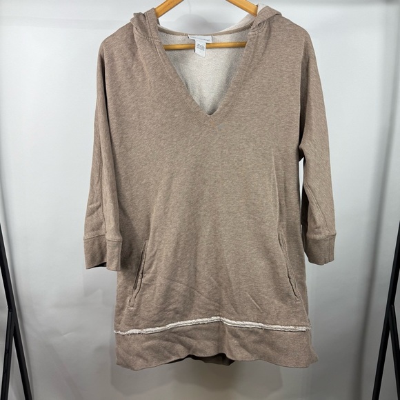 Soft Surroundings Tan V-Neck Cotton Hoodie Tunic Size Small - Picture 2 of 5